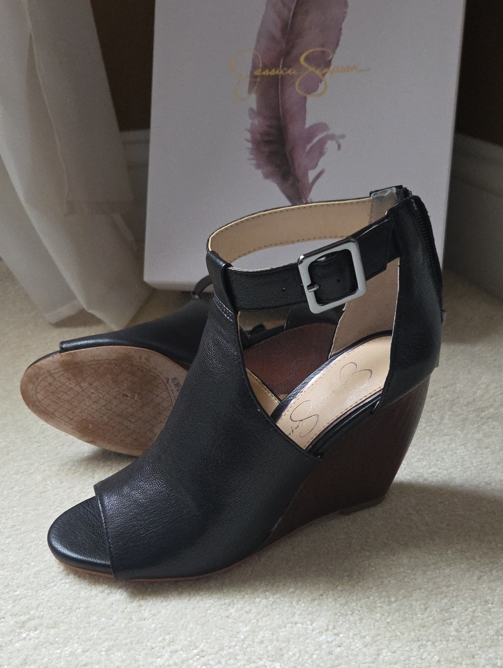 Jessica Simpson Black Peep-Toe Wedge Sandals with Ankle Buckle